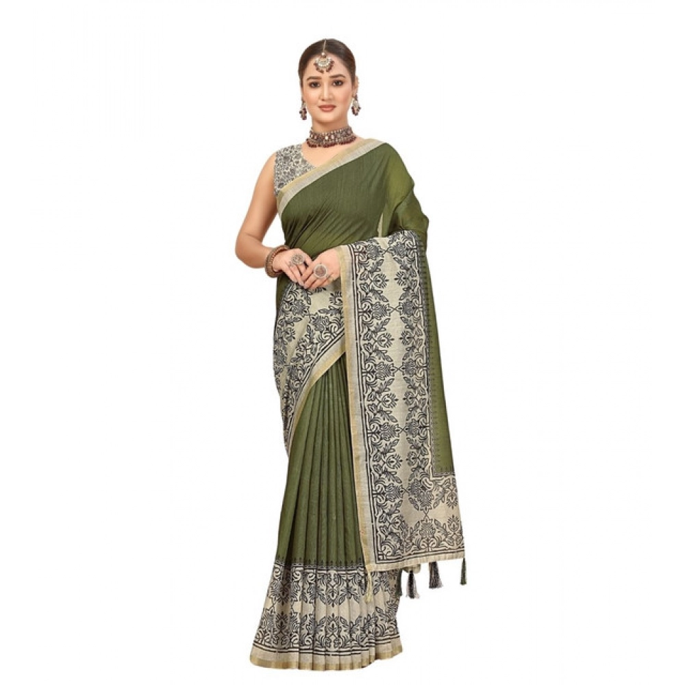 Women's Chanderi Printed Saree With Unstitched Blouse 5.5Mtr (Green) - Image 7