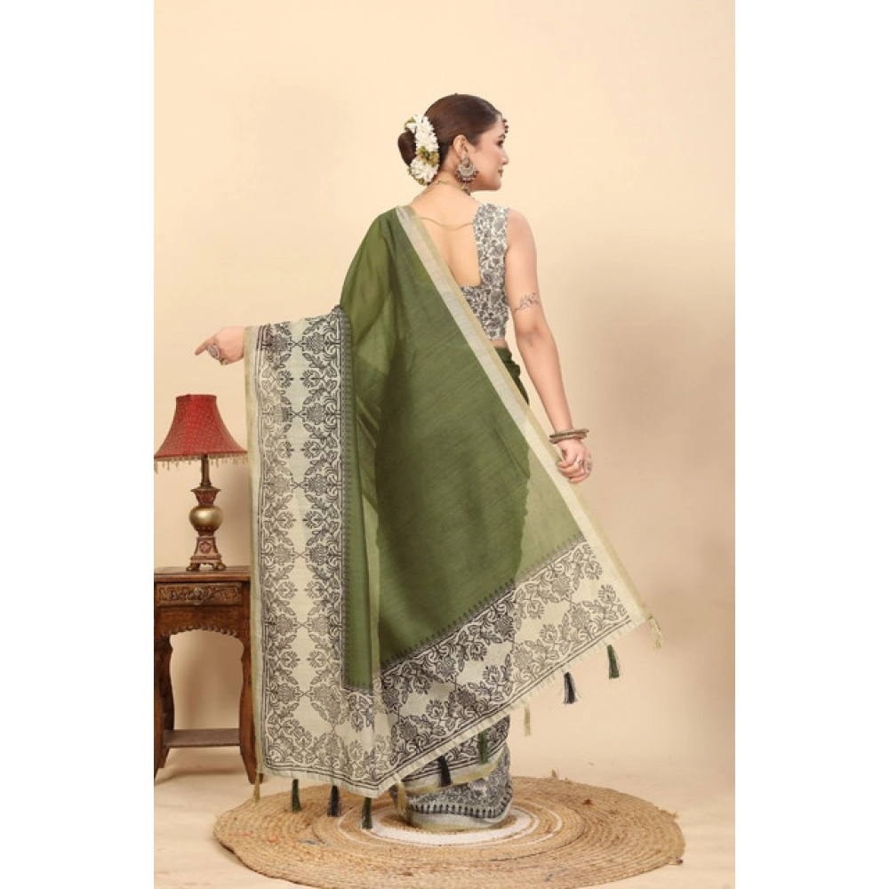 Women's Chanderi Printed Saree With Unstitched Blouse 5.5Mtr (Green) - Image 6