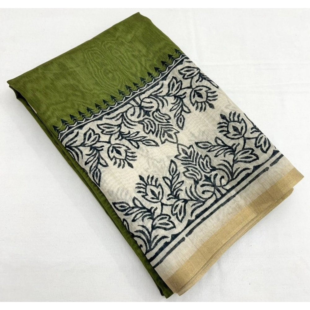 Women's Chanderi Printed Saree With Unstitched Blouse 5.5Mtr (Green) - Image 4
