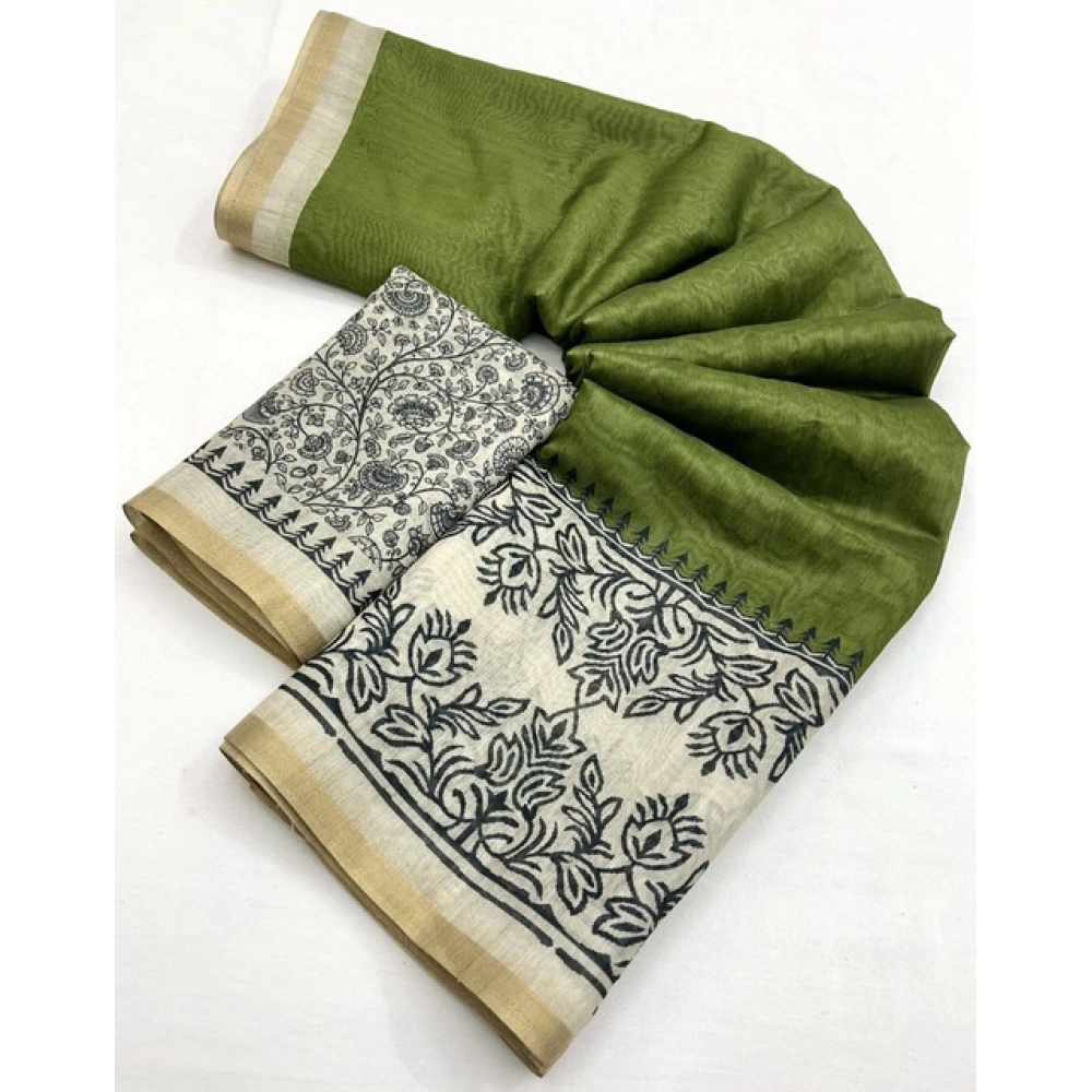 Women's Chanderi Printed Saree With Unstitched Blouse 5.5Mtr (Green) - Image 3