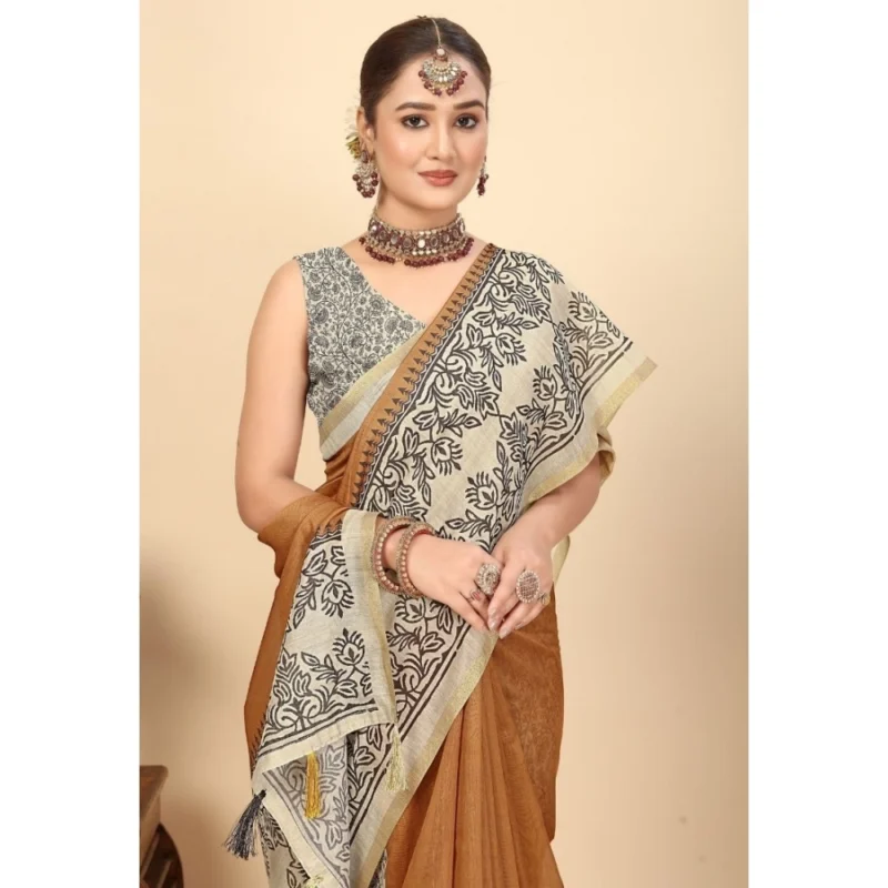 Women's Chanderi Printed Saree With Unstitched Blouse 5.5Mtr (Brown)