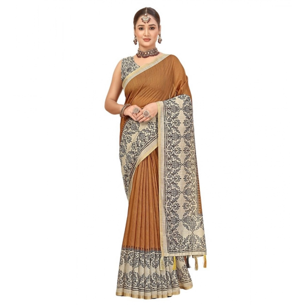 Women's Chanderi Printed Saree With Unstitched Blouse 5.5Mtr (Brown) - Image 7