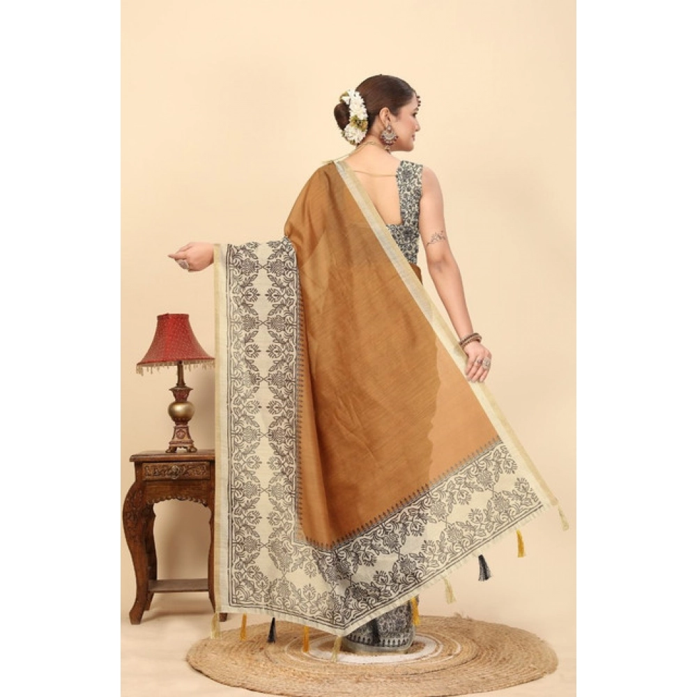 Women's Chanderi Printed Saree With Unstitched Blouse 5.5Mtr (Brown) - Image 6