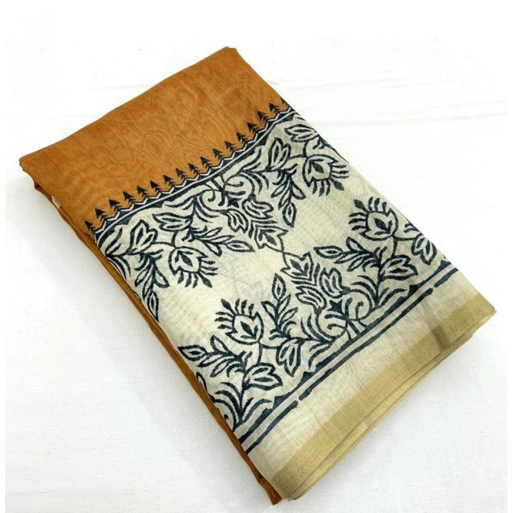 Women's Chanderi Printed Saree With Unstitched Blouse 5.5Mtr (Brown) - Image 4