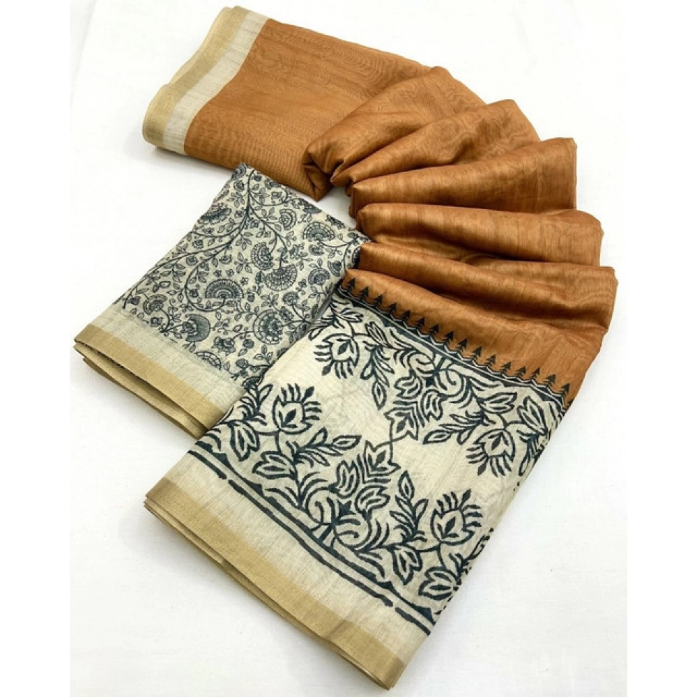 Women's Chanderi Printed Saree With Unstitched Blouse 5.5Mtr (Brown) - Image 3