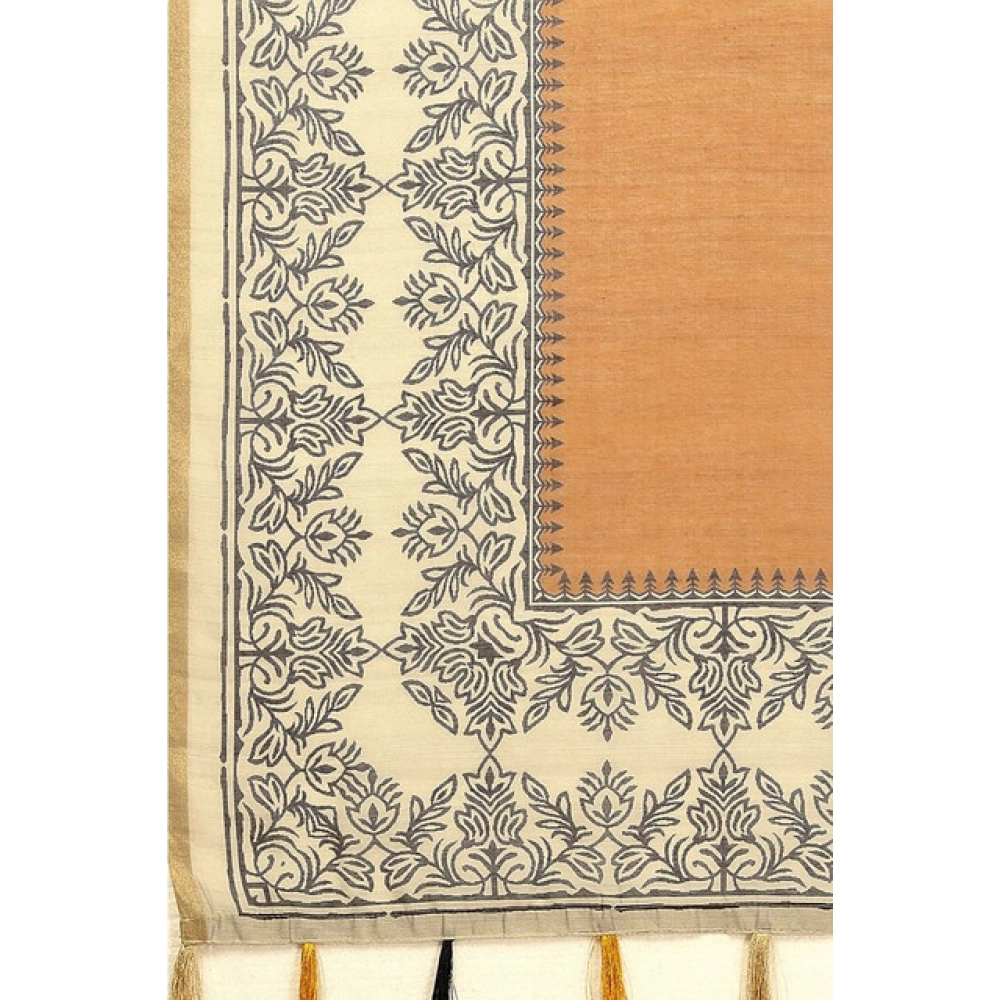 Women's Chanderi Printed Saree With Unstitched Blouse 5.5Mtr (Brown) - Image 2