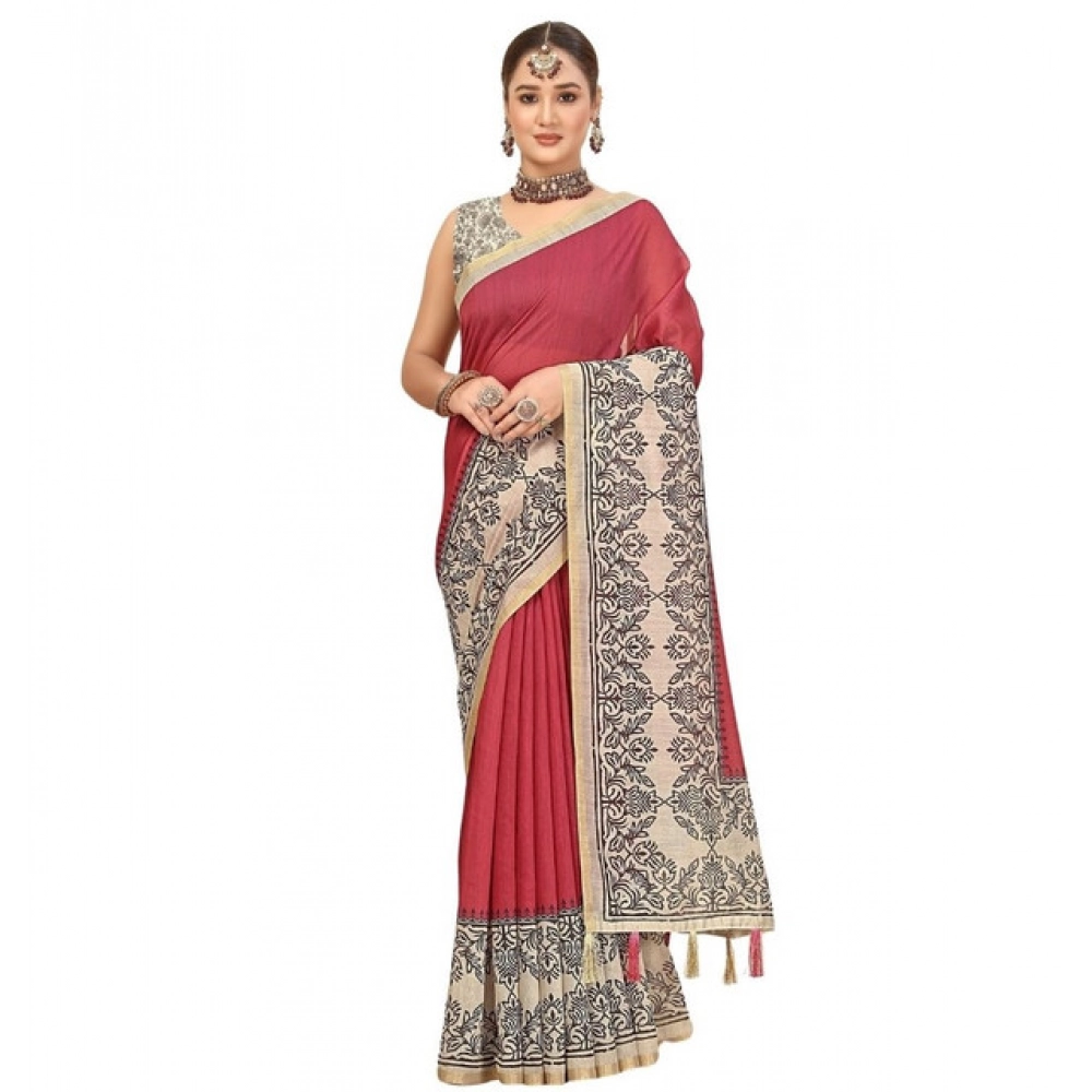 Women's Chanderi Printed Saree With Unstitched Blouse 5.5Mtr (Pink) - Image 7