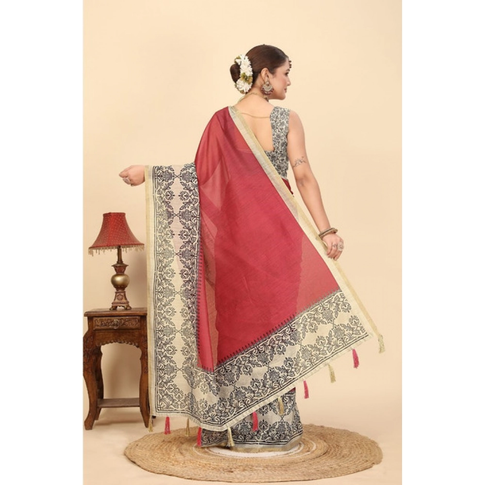 Women's Chanderi Printed Saree With Unstitched Blouse 5.5Mtr (Pink) - Image 6