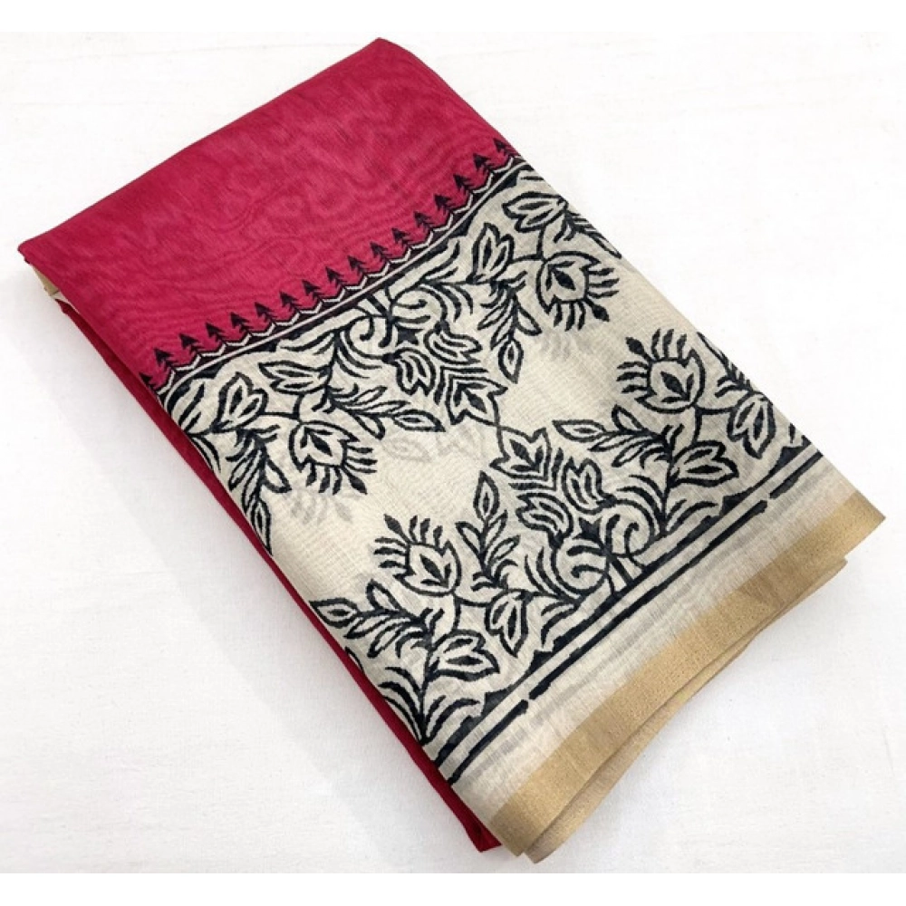 Women's Chanderi Printed Saree With Unstitched Blouse 5.5Mtr (Pink) - Image 4