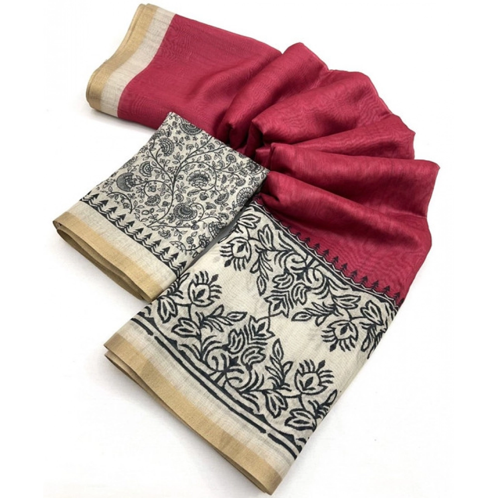 Women's Chanderi Printed Saree With Unstitched Blouse 5.5Mtr (Pink) - Image 3