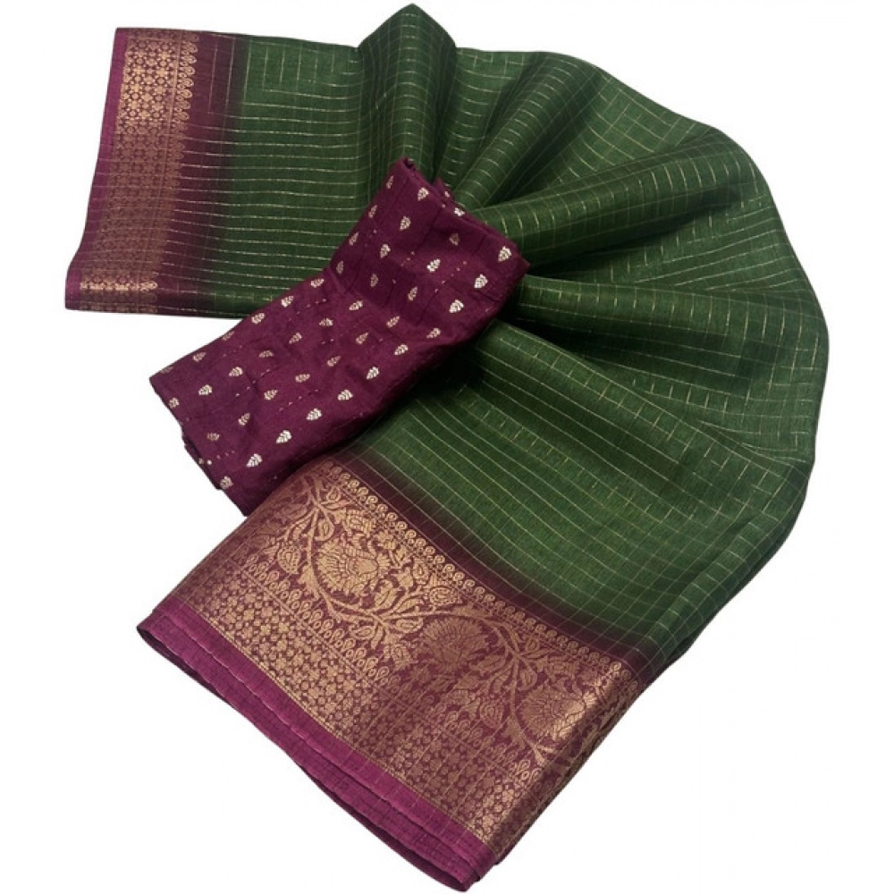 Women's Cotton Blend Checkered Saree With Unstitched Blouse 5.5Mtr (Green) - Image 2
