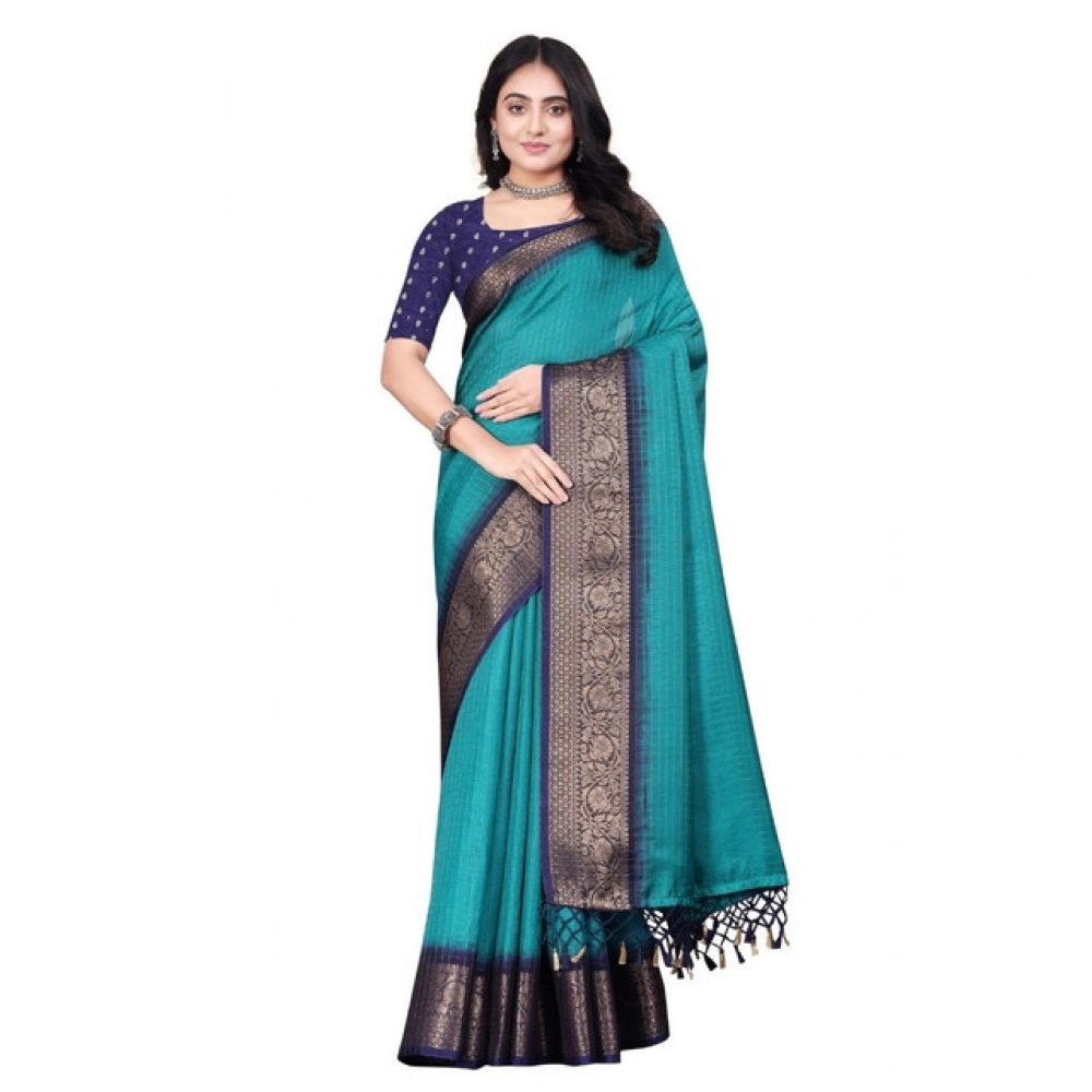 Women's Cotton Blend Checkered Saree With Unstitched Blouse 5.5Mtr (Teal Green) - Image 7