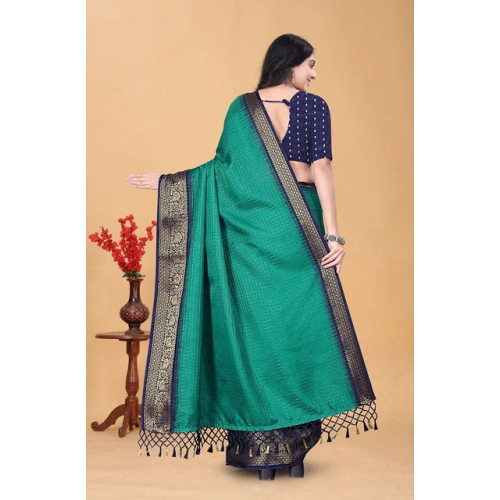 Women's Cotton Blend Checkered Saree With Unstitched Blouse 5.5Mtr (Teal Green) - Image 6