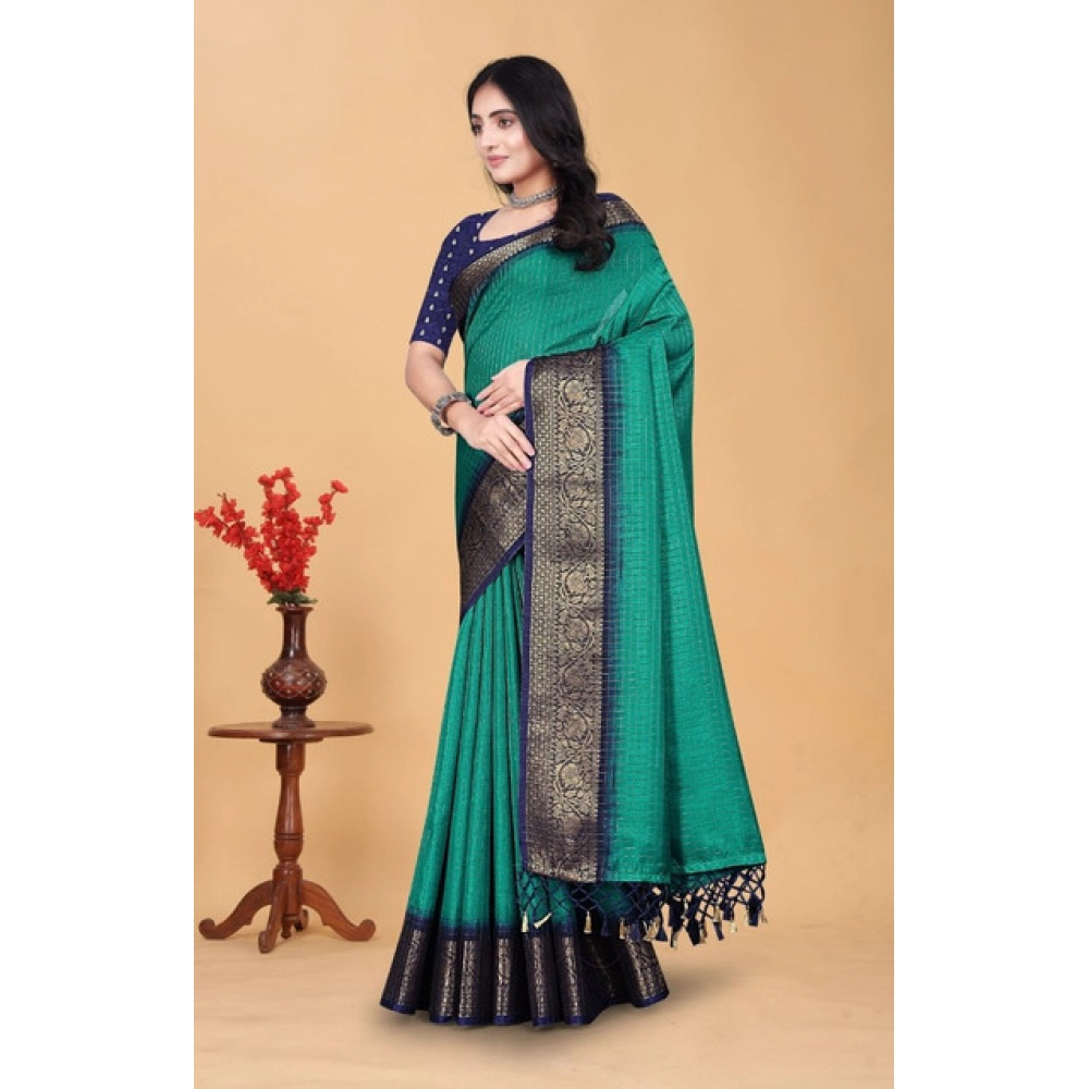 Women's Cotton Blend Checkered Saree With Unstitched Blouse 5.5Mtr (Teal Green) - Image 5