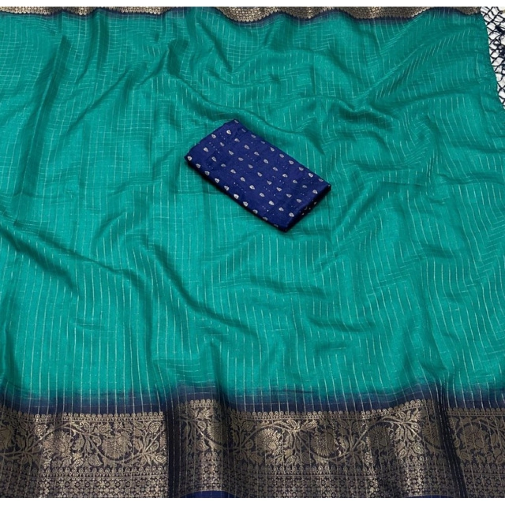 Women's Cotton Blend Checkered Saree With Unstitched Blouse 5.5Mtr (Teal Green) - Image 3
