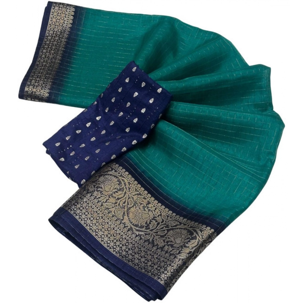Women's Cotton Blend Checkered Saree With Unstitched Blouse 5.5Mtr (Teal Green) - Image 2