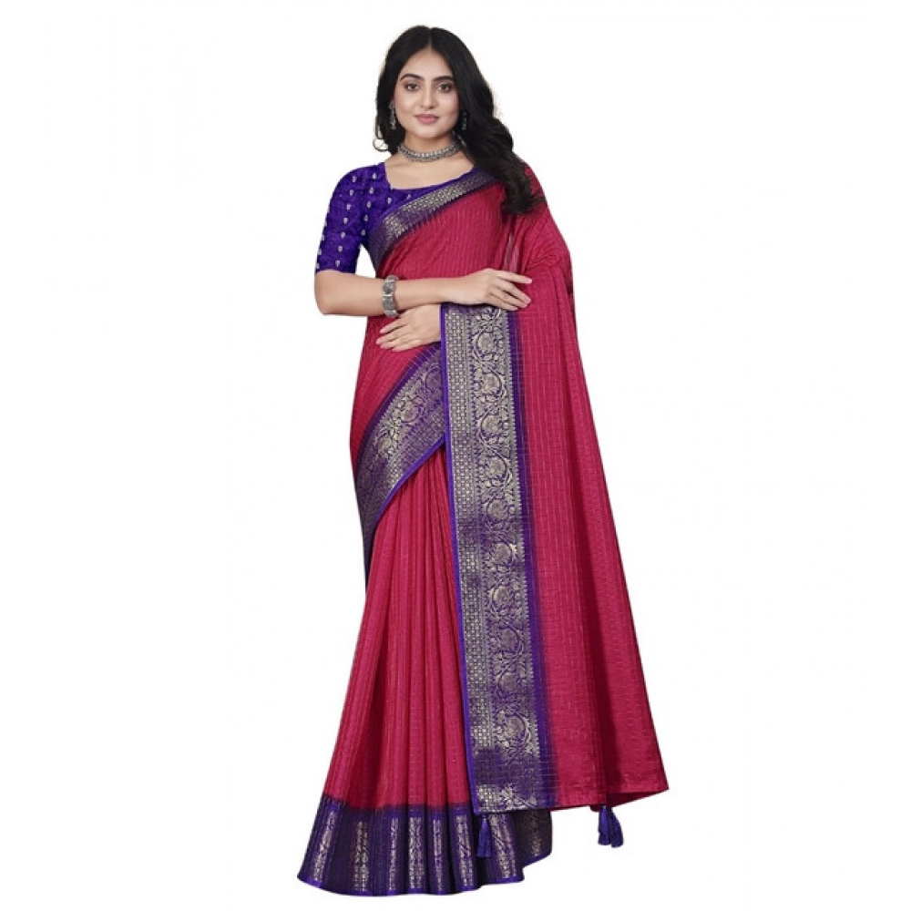Women's Cotton Blend Checkered Saree With Unstitched Blouse 5.5Mtr (Pink) - Image 7