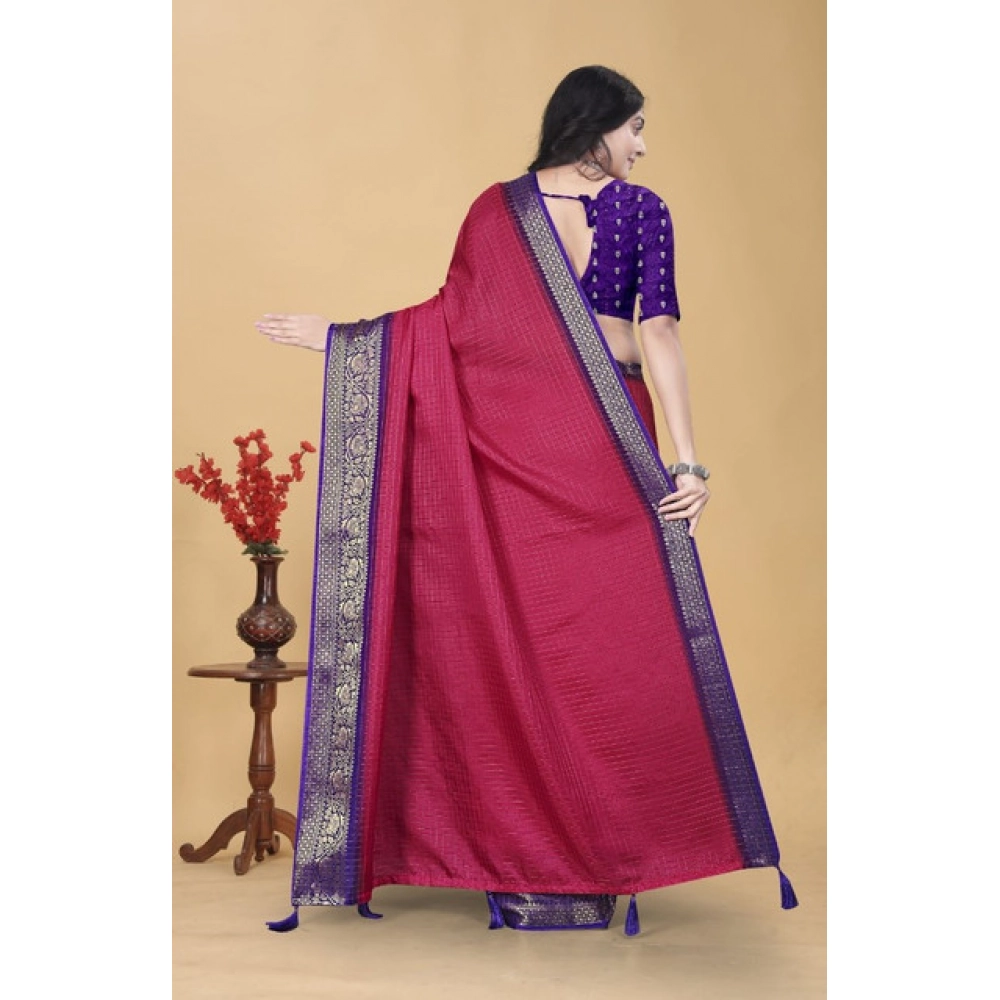 Women's Cotton Blend Checkered Saree With Unstitched Blouse 5.5Mtr (Pink) - Image 6