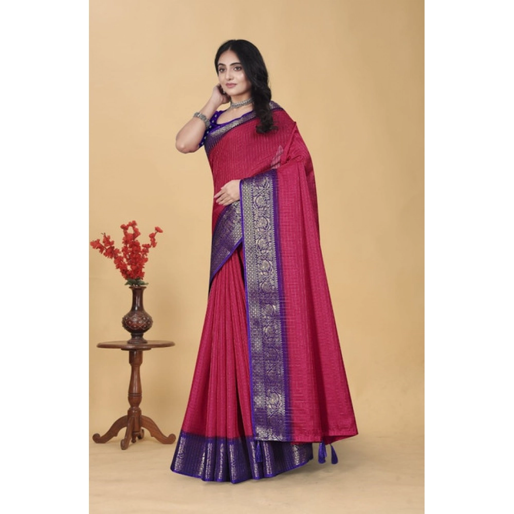 Women's Cotton Blend Checkered Saree With Unstitched Blouse 5.5Mtr (Pink) - Image 5