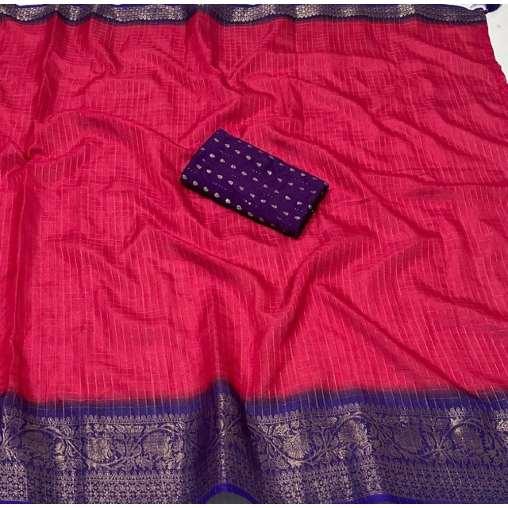 Women's Cotton Blend Checkered Saree With Unstitched Blouse 5.5Mtr (Pink) - Image 3