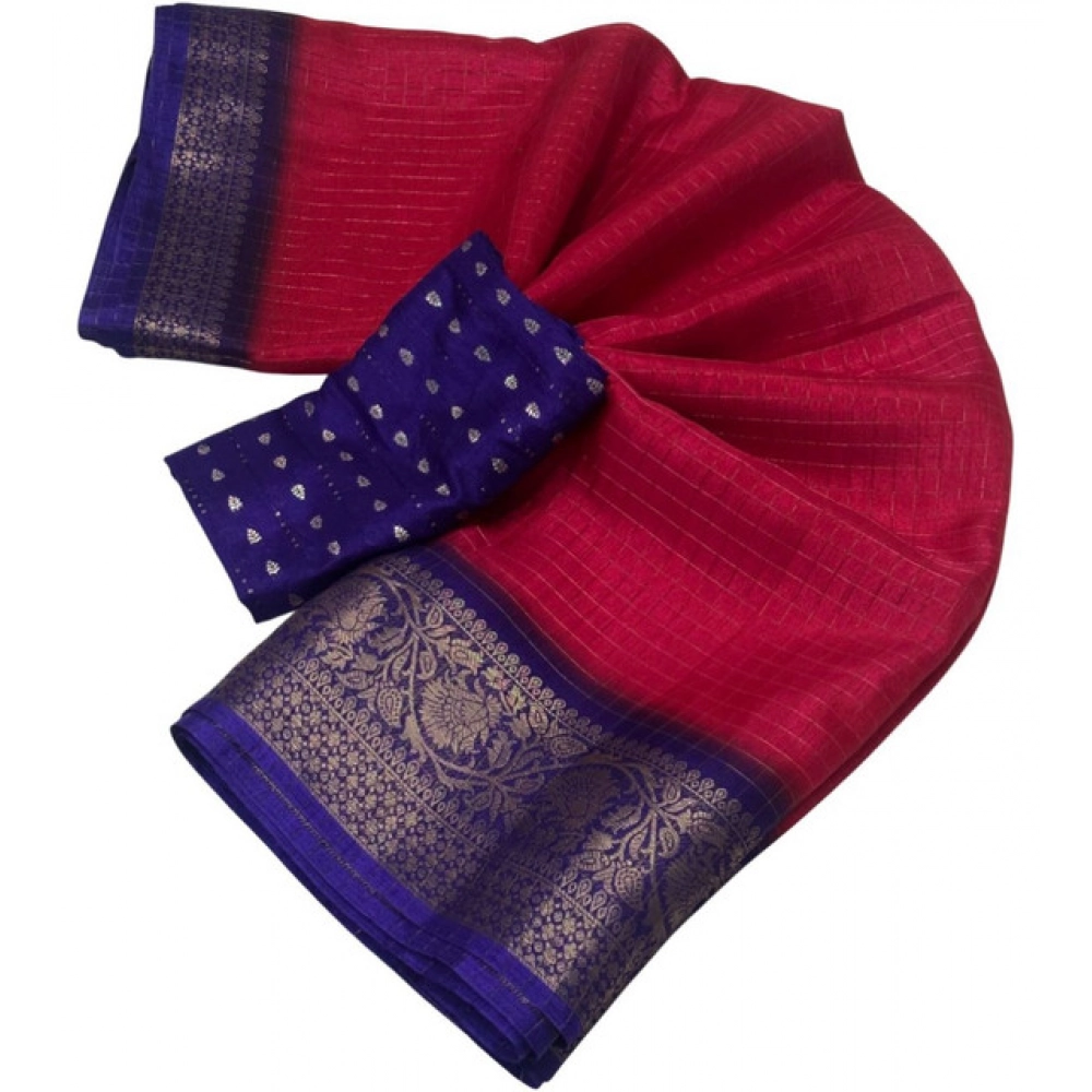 Women's Cotton Blend Checkered Saree With Unstitched Blouse 5.5Mtr (Pink) - Image 2