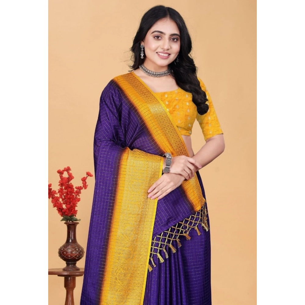 Women's Cotton Blend Checkered Saree With Unstitched Blouse 5.5Mtr (Royal Blue)