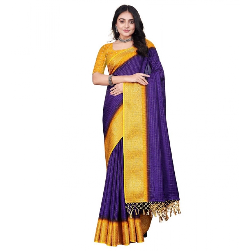 Women's Cotton Blend Checkered Saree With Unstitched Blouse 5.5Mtr (Royal Blue) - Image 7