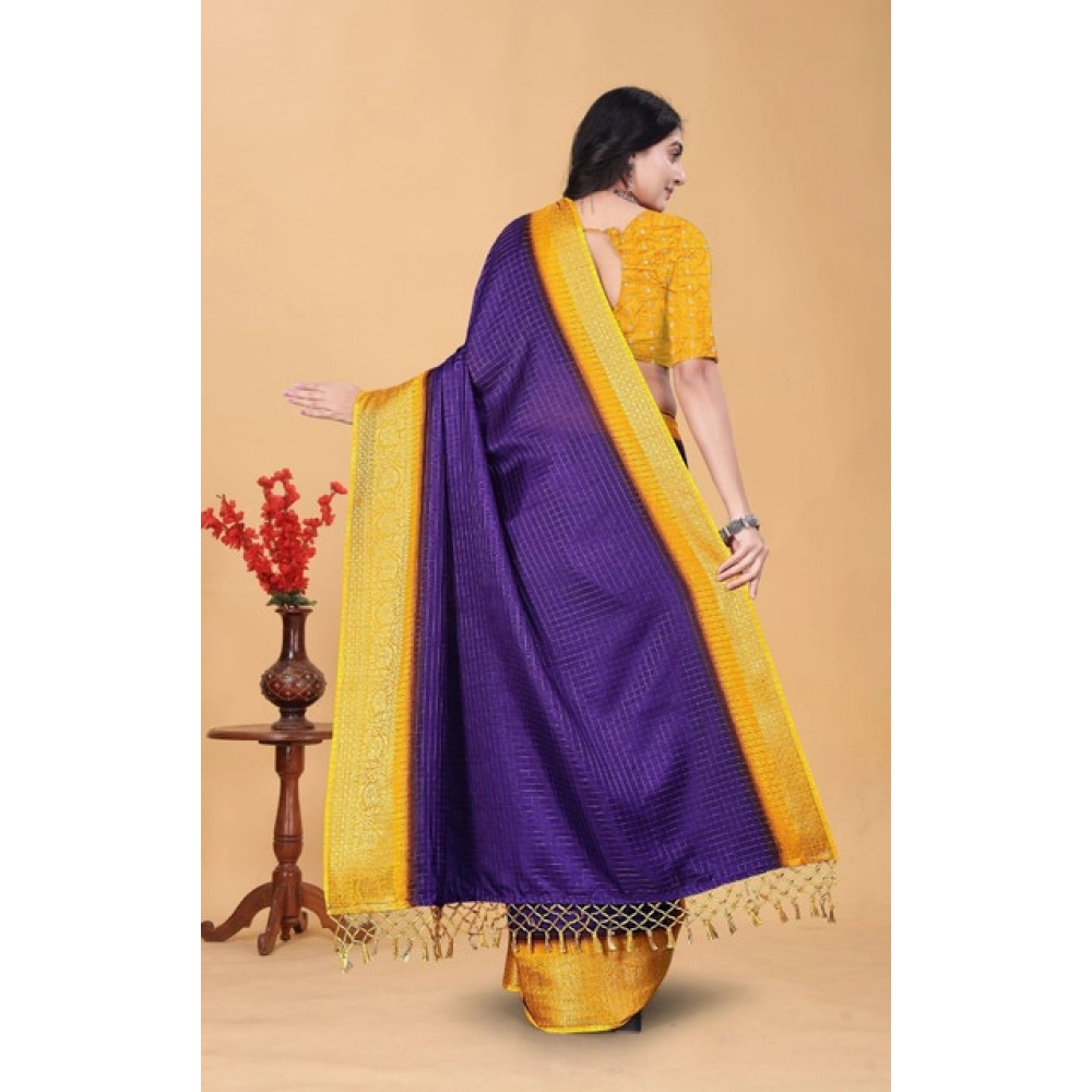Women's Cotton Blend Checkered Saree With Unstitched Blouse 5.5Mtr (Royal Blue) - Image 6