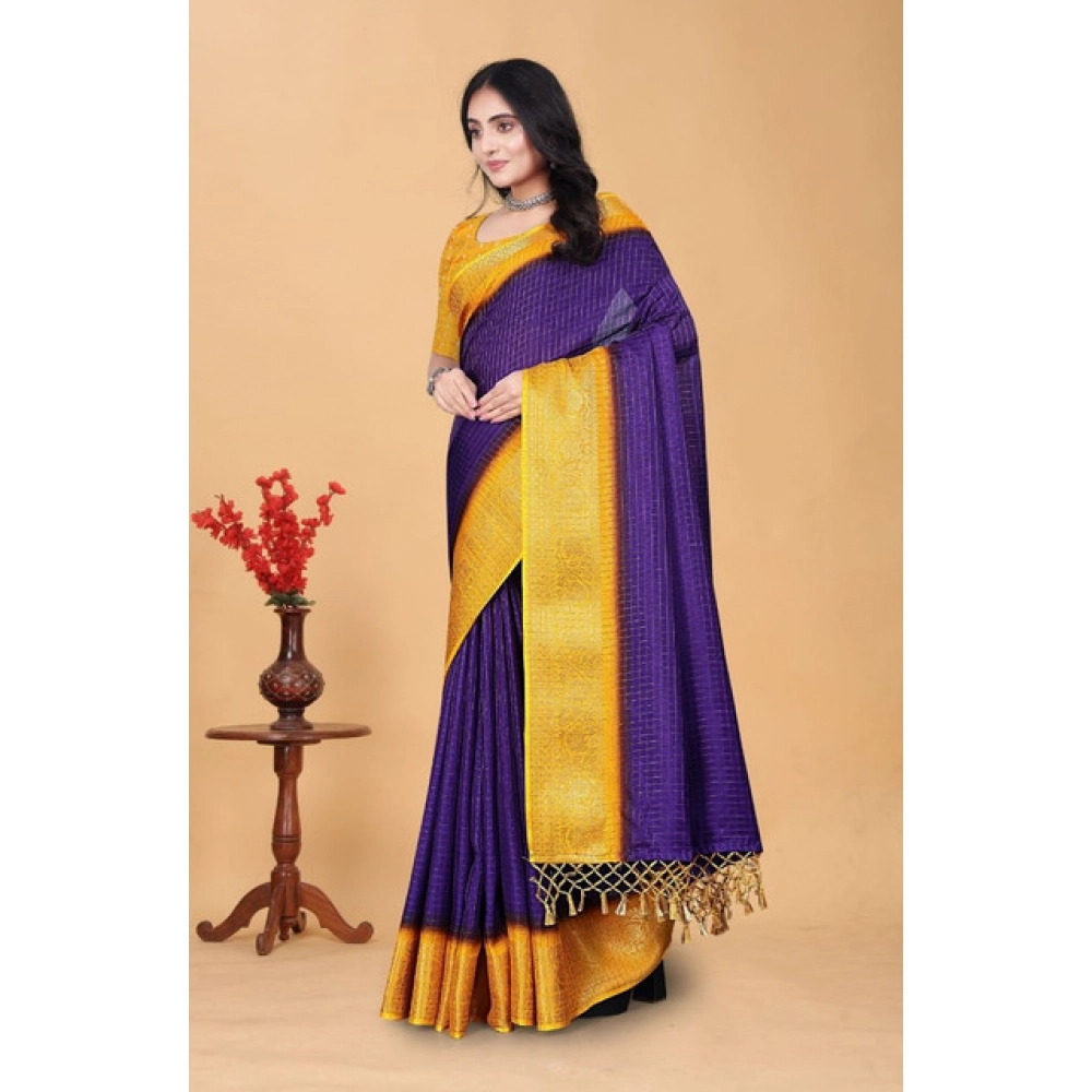 Women's Cotton Blend Checkered Saree With Unstitched Blouse 5.5Mtr (Royal Blue) - Image 5