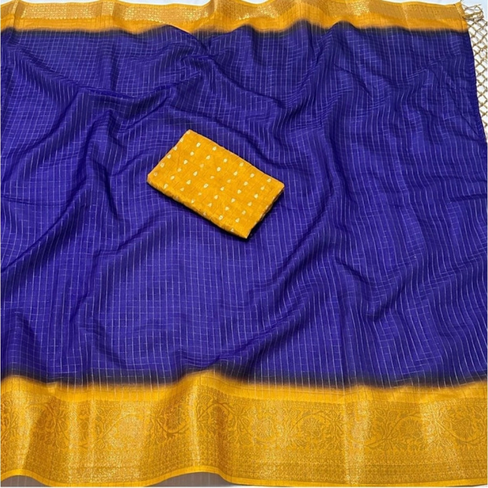 Women's Cotton Blend Checkered Saree With Unstitched Blouse 5.5Mtr (Royal Blue) - Image 3