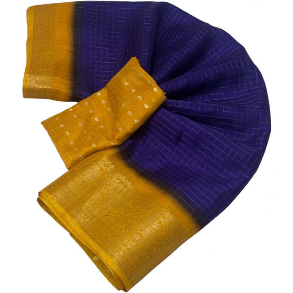 Women's Cotton Blend Checkered Saree With Unstitched Blouse 5.5Mtr (Royal Blue) - Image 2