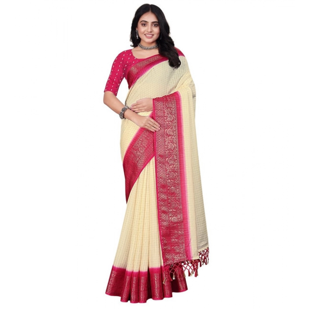 Women's Cotton Blend Checkered Saree With Unstitched Blouse 5.5Mtr (Multicolor) - Image 7