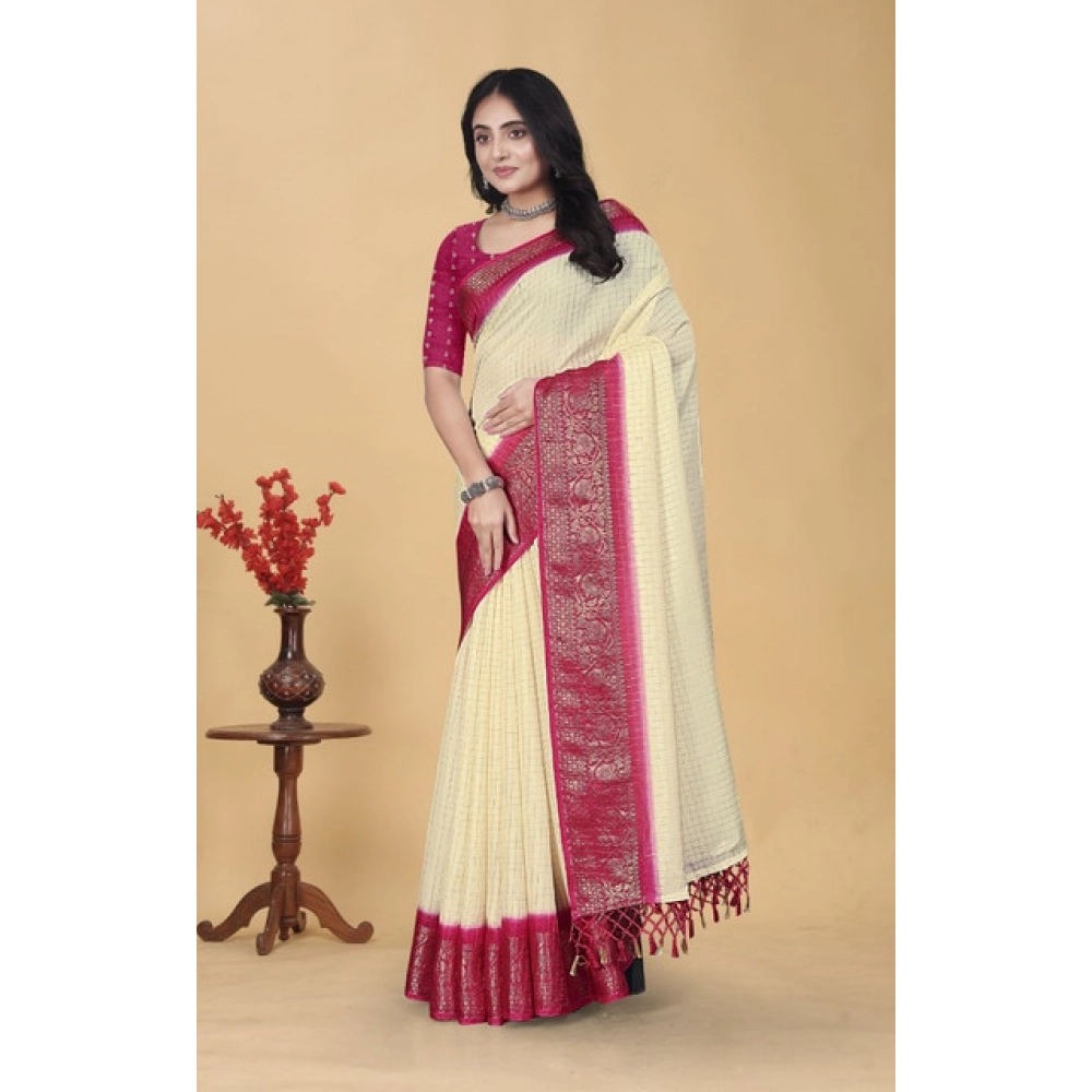 Women's Cotton Blend Checkered Saree With Unstitched Blouse 5.5Mtr (Multicolor) - Image 5