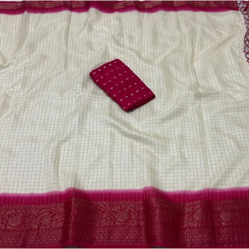Women's Cotton Blend Checkered Saree With Unstitched Blouse 5.5Mtr (Multicolor) - Image 3