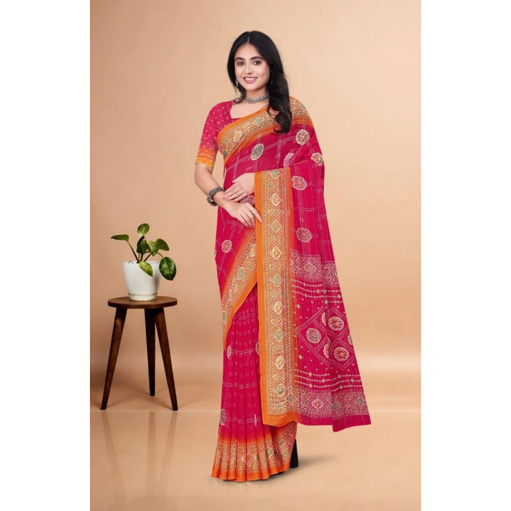 Women's Art Silk Printed Saree With Unstitched Blouse 5.5Mtr (Pink) - Image 4
