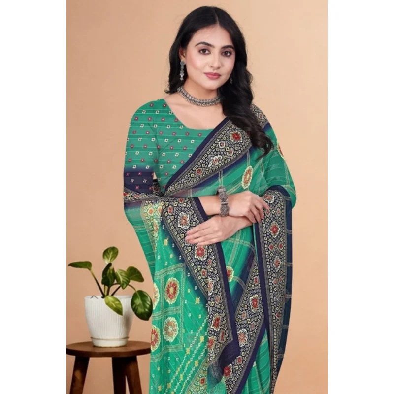 Women's Art Silk Printed Saree With Unstitched Blouse 5.5Mtr (Green)
