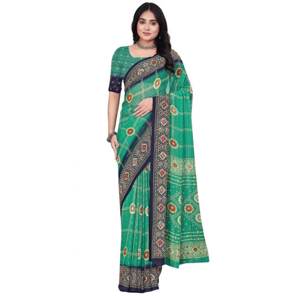 Women's Art Silk Printed Saree With Unstitched Blouse 5.5Mtr (Green) - Image 6