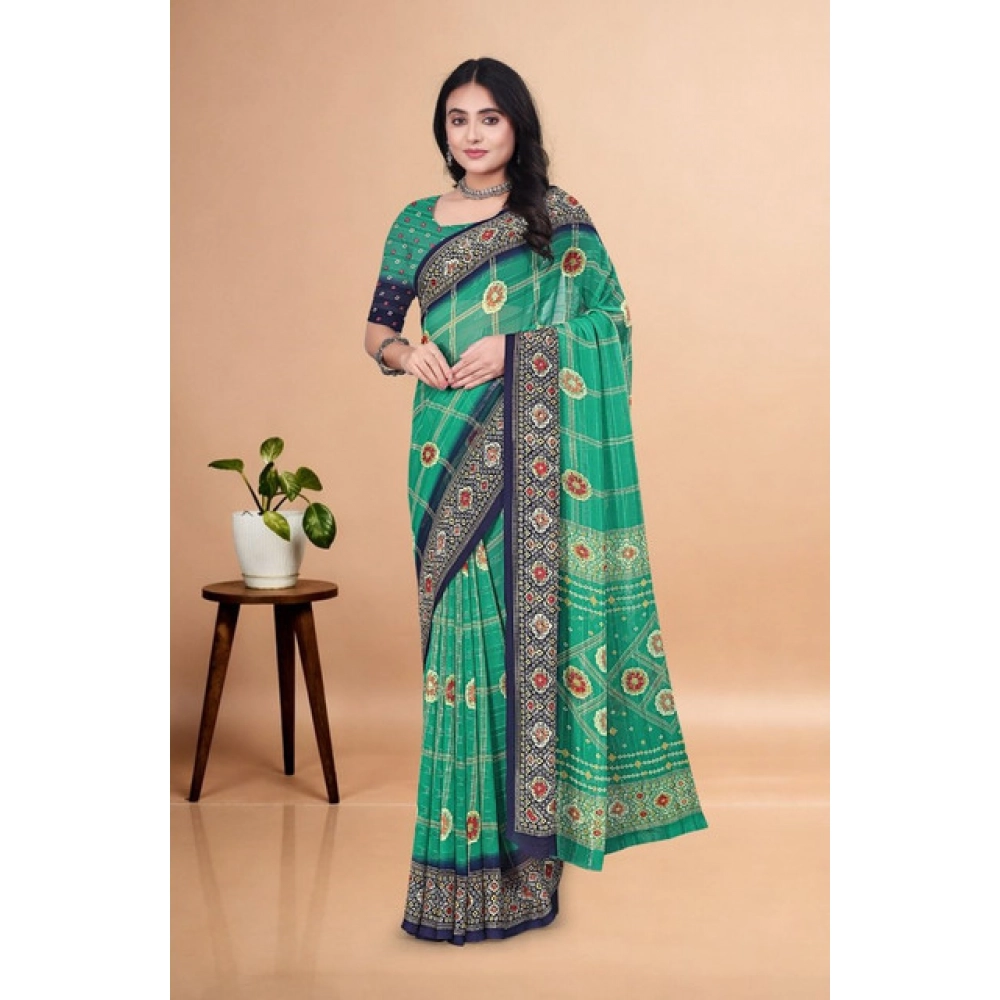 Women's Art Silk Printed Saree With Unstitched Blouse 5.5Mtr (Green) - Image 4