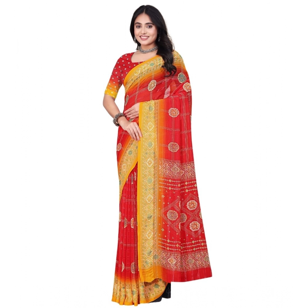 Women's Art Silk Printed Saree With Unstitched Blouse 5.5Mtr (Red) - Image 6