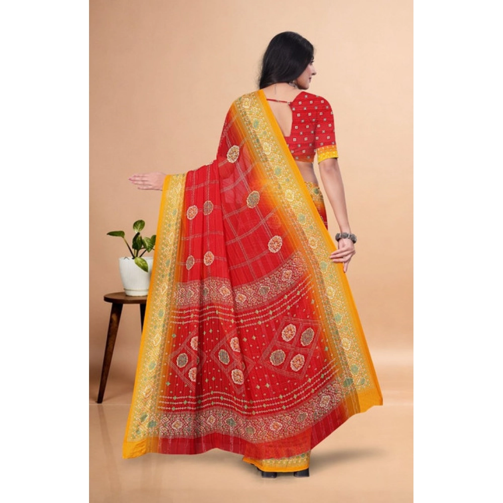 Women's Art Silk Printed Saree With Unstitched Blouse 5.5Mtr (Red) - Image 5