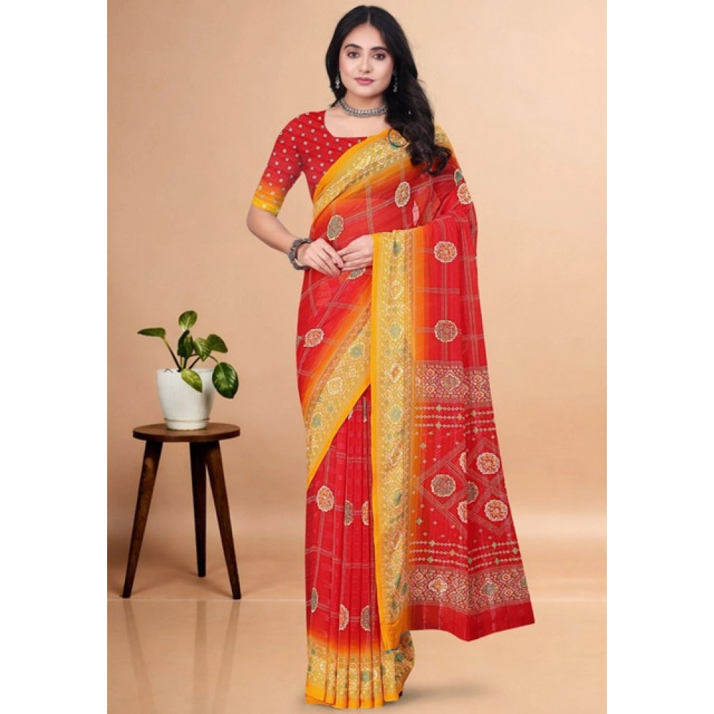 Women's Art Silk Printed Saree With Unstitched Blouse 5.5Mtr (Red) - Image 4