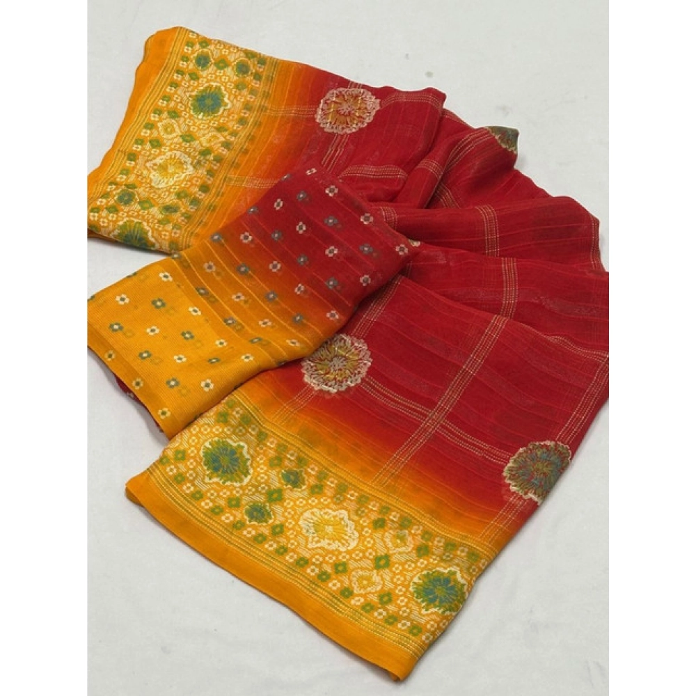 Women's Art Silk Printed Saree With Unstitched Blouse 5.5Mtr (Red) - Image 2