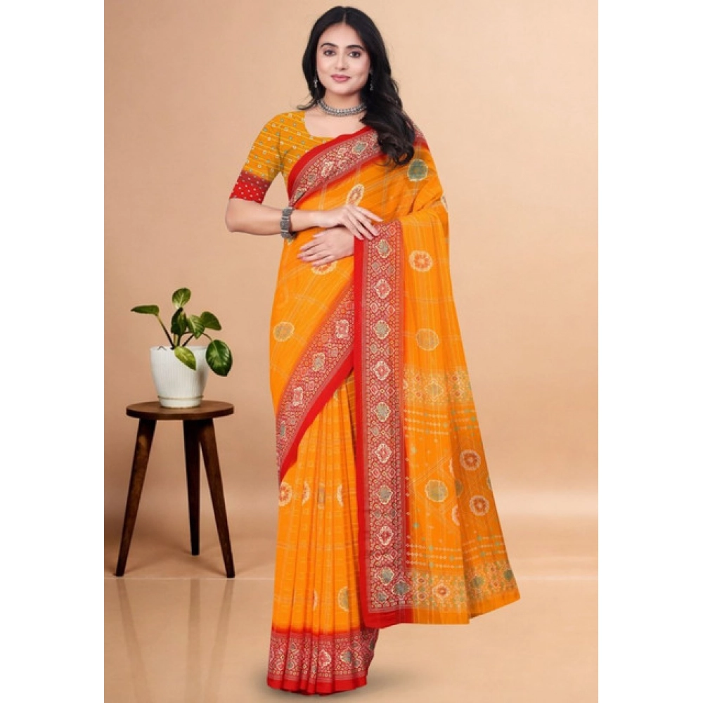 Women's Art Silk Printed Saree With Unstitched Blouse 5.5Mtr (Yellow) - Image 4