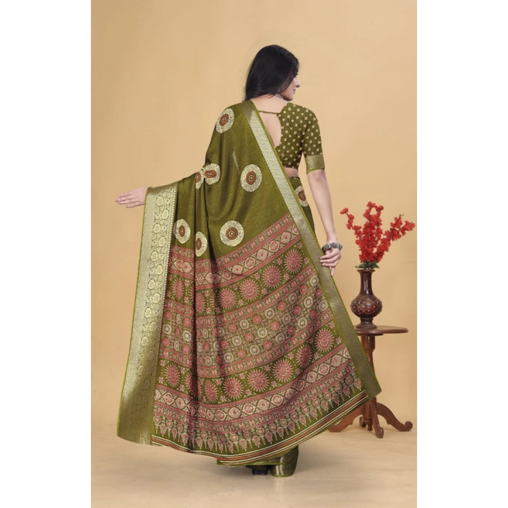Women's Art Silk Printed Saree With Unstitched Blouse 5.5Mtr (Mehendi) - Image 4