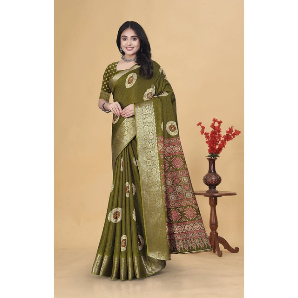 Women's Art Silk Printed Saree With Unstitched Blouse 5.5Mtr (Mehendi) - Image 5