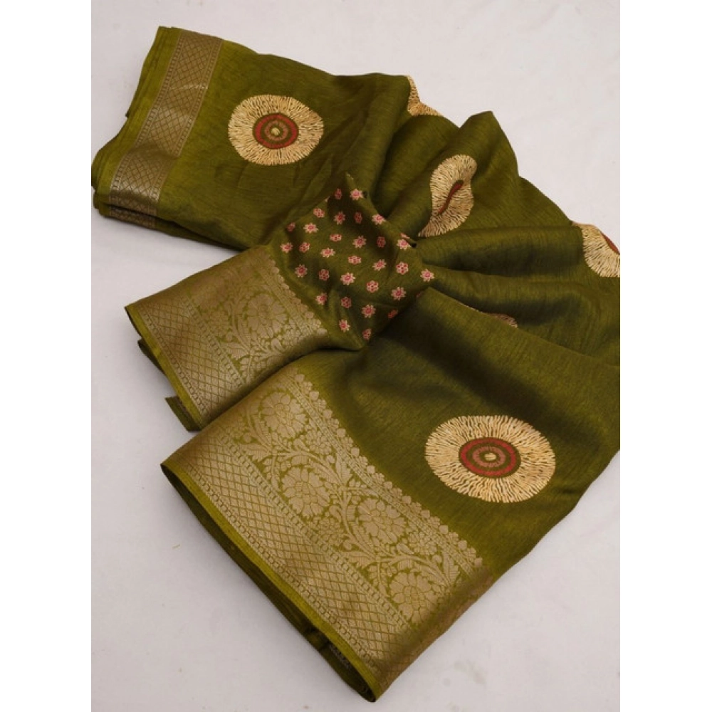 Women's Art Silk Printed Saree With Unstitched Blouse 5.5Mtr (Mehendi) - Image 3