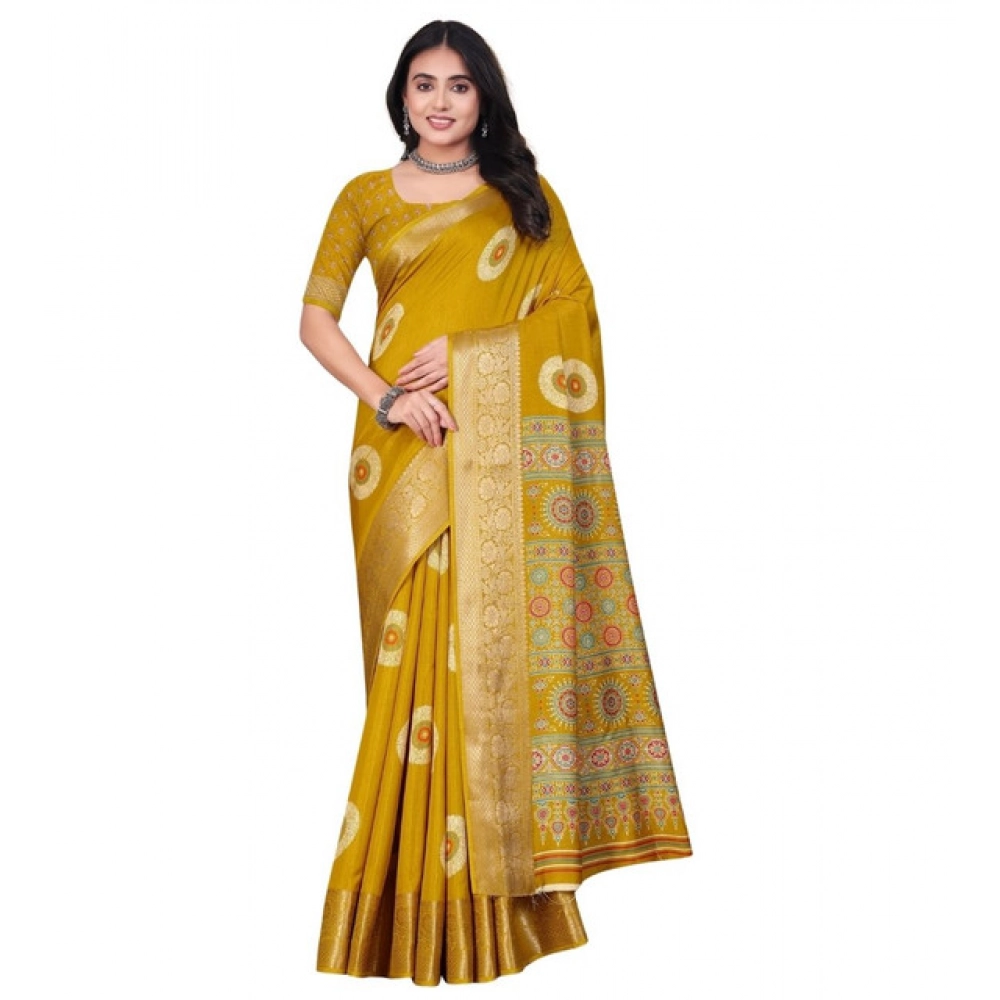 Women's Art Silk Printed Saree With Unstitched Blouse 5.5Mtr (Mustard) - Image 6