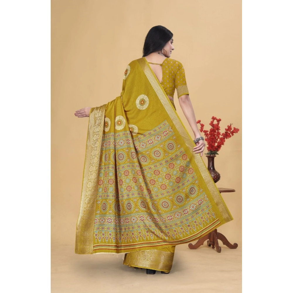 Women's Art Silk Printed Saree With Unstitched Blouse 5.5Mtr (Mustard) - Image 5