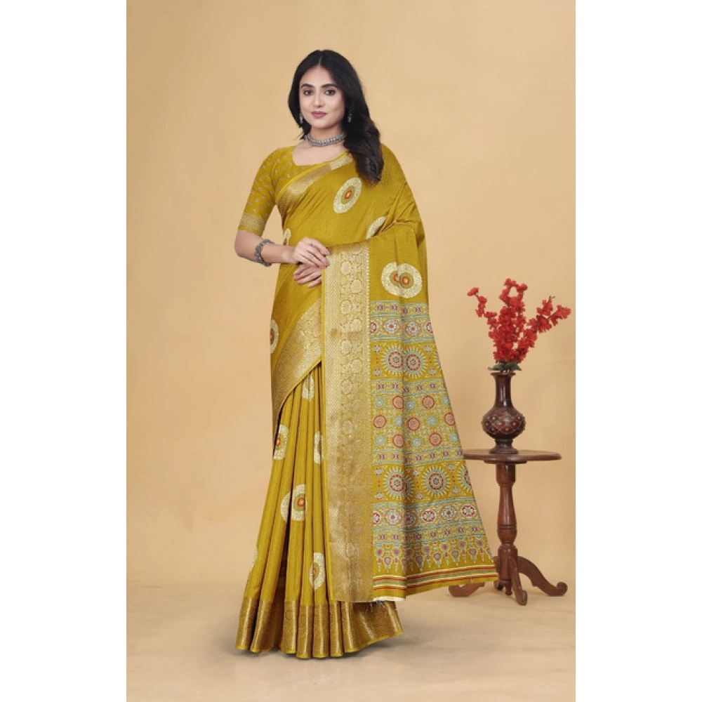 Women's Art Silk Printed Saree With Unstitched Blouse 5.5Mtr (Mustard) - Image 4
