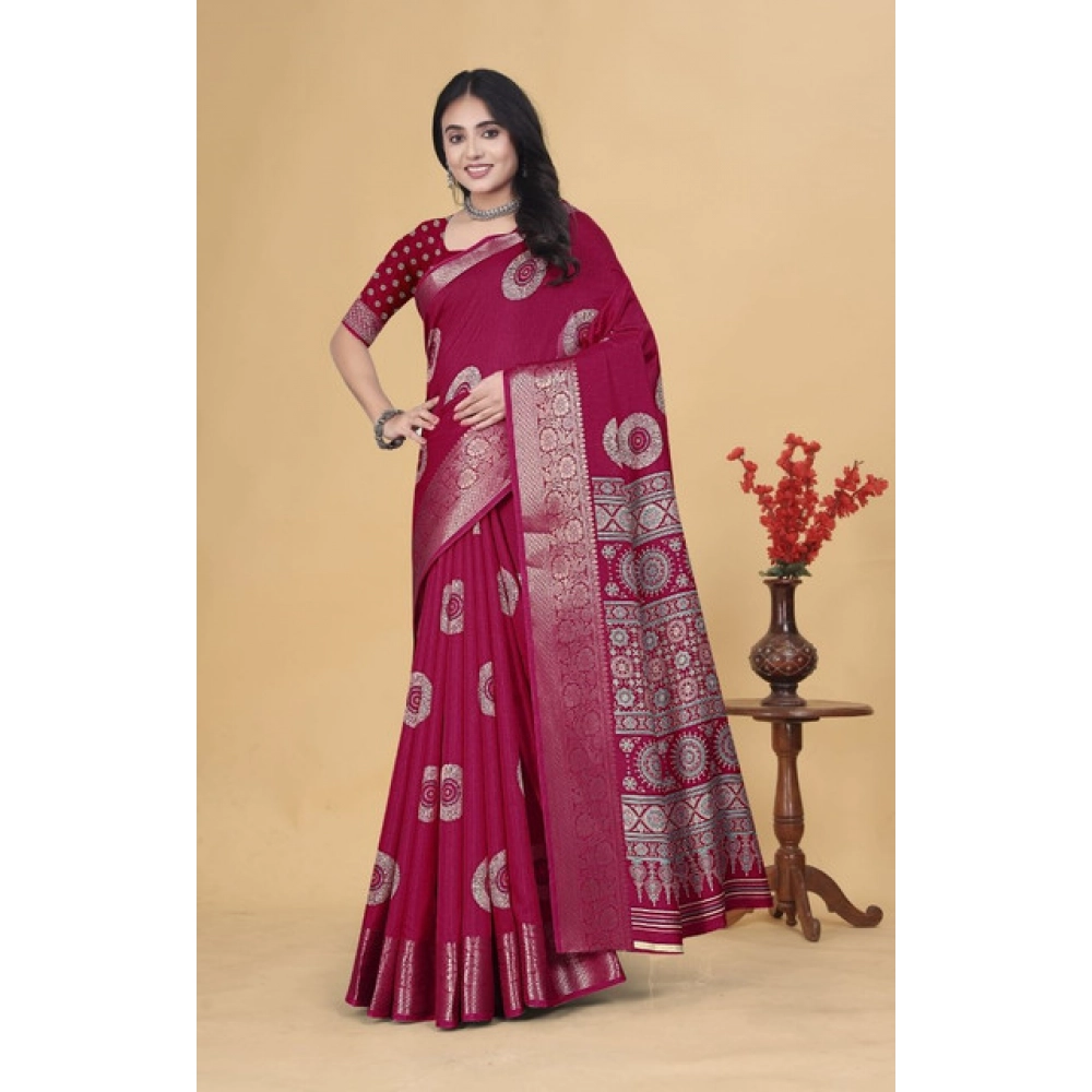 Women's Art Silk Printed Saree With Unstitched Blouse 5.5Mtr (Pink) - Image 4